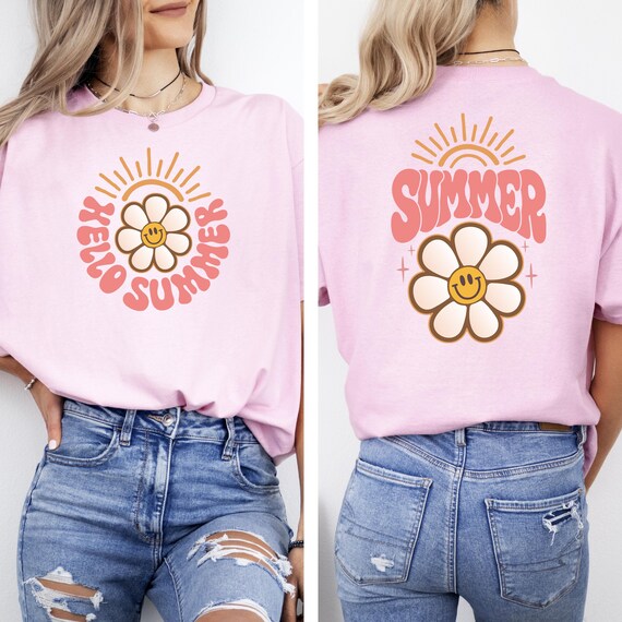 Retro Hello Summer Shirt, Smile Flower and Sun Shirt, Floral Vacation Shirt, Funny  Sunshine Shirt, Trendy Beach Shirt, Summer Vibes