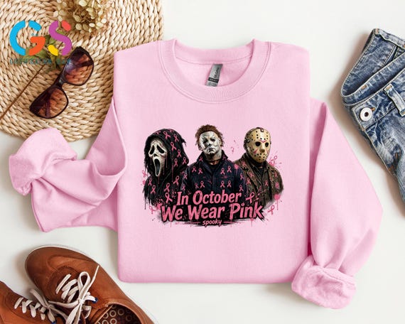 In October We Wear Pink Spooky Sweatshirt, Horror Characters Hoodie, Breast Cancer Awareness, Pink Ribbon Gift