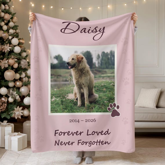 Personalized Dog Photo Blanket, Custom Name Memorial Keepsake (Sherpa or Minky)