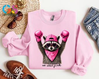 In October We Wear Pink Raccoon Sweatshirt, Breast Cancer Support Squad Shirt, Pink Ribbon, Cancer Awareness