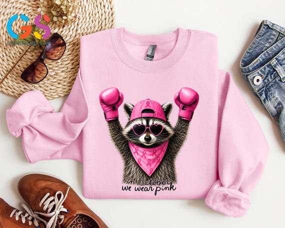In October We Wear Pink Raccoon Sweatshirt, Breast Cancer Support Squad Shirt, Pink Ribbon, Cancer Awareness