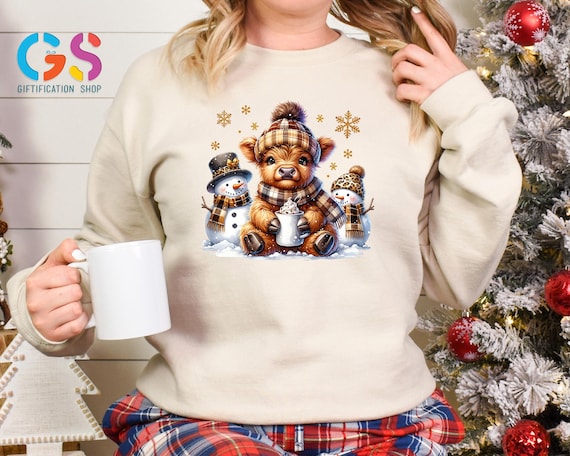 Highland Cow Snowman Graphic Christmas Sweatshirt, Cozy Holiday Hoodie, Winter Lover Gift, Merry Christmas Clothes