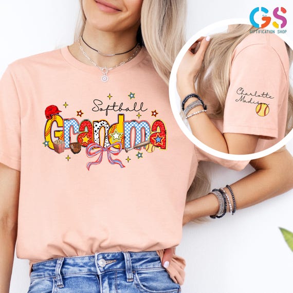 Custom Name Softball Mom Shirt, Coquette Grandma Tee, Personalized Softball Gift For Gigi