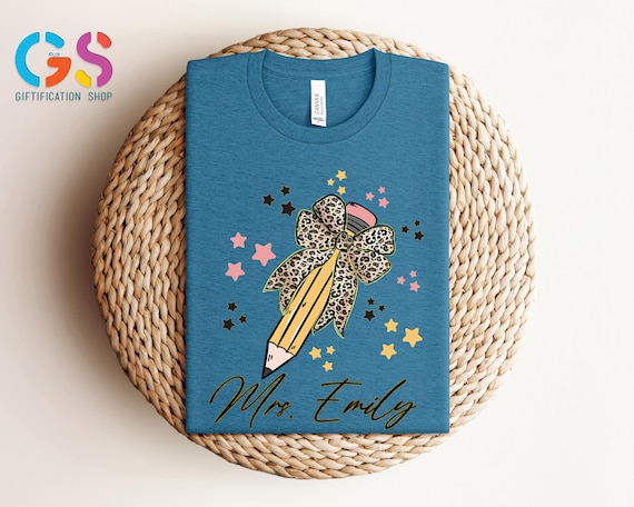 Custom Name Teacher Shirt,Teacher Coquette Pencil Shirt, End of School Shirt, Leopard Bow Teacher Shirt,  Teacher Appreciation,Teacher Gift