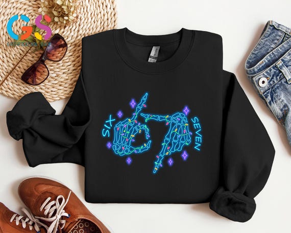 Six Seven Christmas Lights Sweatshirt, 6 7 Funny Meme Sweater, Witch Skeleton Hands Sweatshirt, Six Seven Xmas Crew Hoodie, Internet Humor