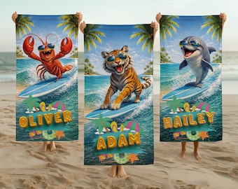 Custom Name Animal Surf Beach Towel, Summer Vacation Gift for Kids, Tiger Dolphin Lobster Cow Asıan Surfing Tropical Pool Towel