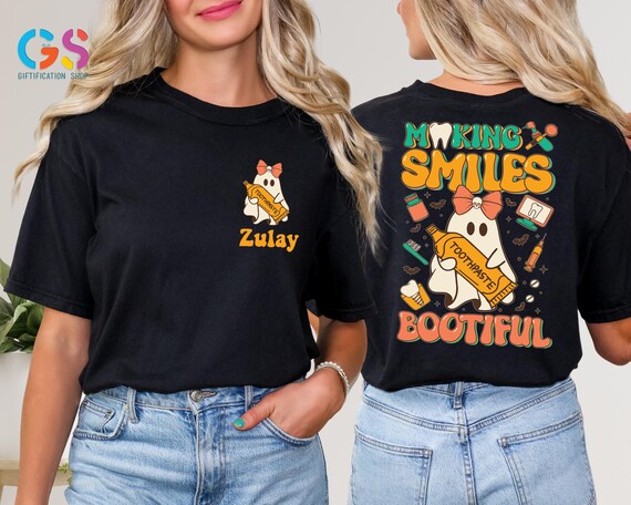 Custom Name Halloween Dentist Tshirt, Ghost Dentist Shirt, Personalized Dentist for Halloween, Spooky Season Shirt, Ghost Shirt for Dental