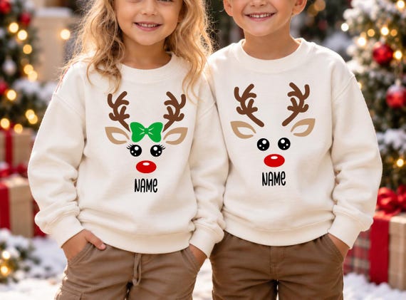 Custom Name Reindeer Toddler Sweatshirt, Christmas Gifts For Kids,  Matching Boy And Girl Hoodie