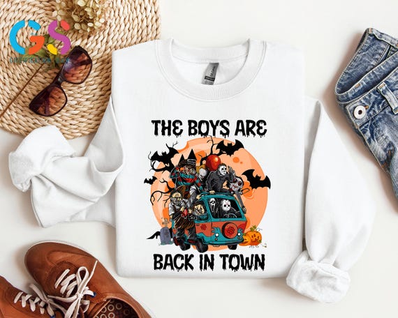 Horror Movie Characters Sweatshirt, The Boys Are Back In Town, Spooky Season Halloween Hoodie