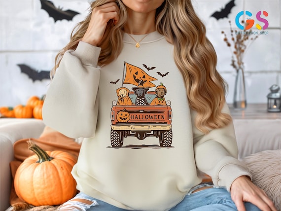 Halloween Truck Dog Sweatshirt, Spooky Dog Sweater, Fall Dog Pumpkin Hoodie, Dog Lover Sweatshirt