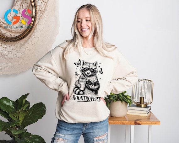 Booktroverts Feral Raccoon Sweatshirt, Librarian Animal Sweater, Book Lovers Gift, Woman Hoodie, Bookworm Top