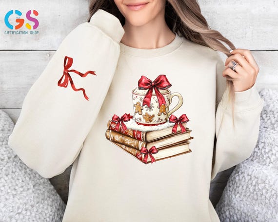 Coquette Books and Coffee Sweater, Cozy season Sweatshirt, Trendy Sleeve Print Sweatshirt, Coquette Bow Hoodie, Book Lover Gift