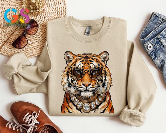 Glam Tiger Sweatshirt, Preppy Tiger Hoodie, Bling Boujee Leopard Animal Shirt,  Womens Gift