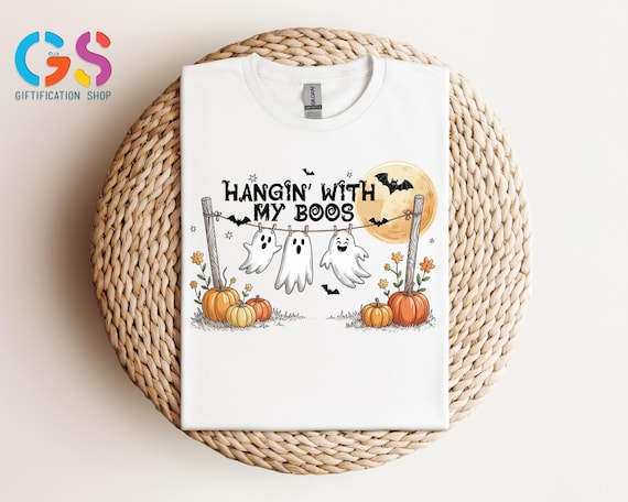 Hangin' With My Boos Halloween Ghost T-Shirt, Pumpkin Bats Tee