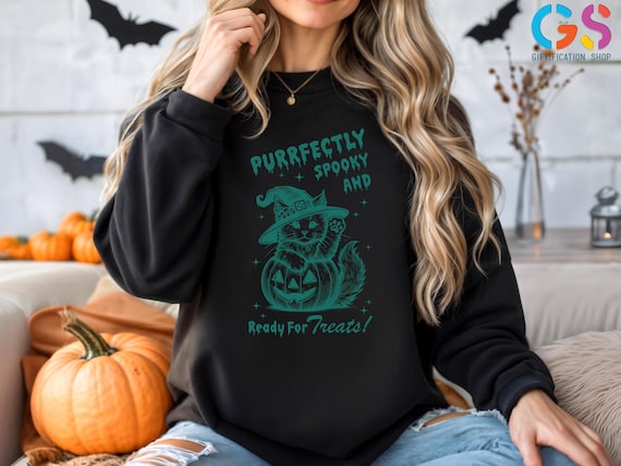 Halloween Witch Cat Sweatshirt, Retro Spooky Season Sweater, Funny halloween Pumpkin Sweatshirt, Halloween Cat Sweater, Halloween Costume