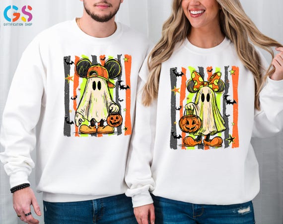Custom Mickey and Minnie Mouse Ghost Halloween Sweatshirt, Spooky Season Hoodie, Pumpkin Disney Matching Tee