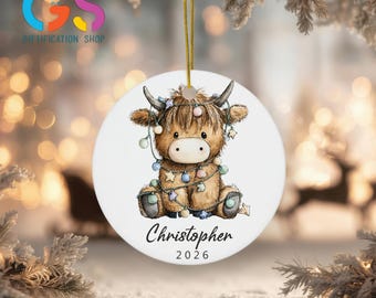 Custom Highland Cow Christmas Ceramic Ornament, Personalized Name and Year Cow Keepsake, Farm Animal Gift