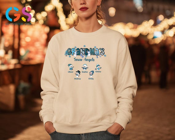Personalized Winter Grandma Sweatshirt with Kids Names, Custom Frozen Letters Nana Sweater, Grandma Snow Angels Sweatshirt, Snowflake Hoodie