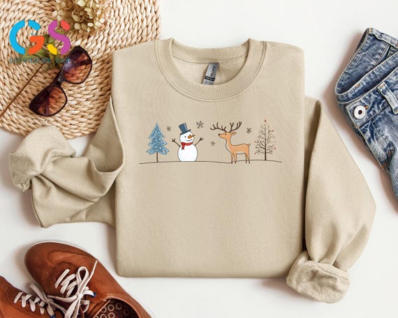 Cute Snowman and Reindeer Sweatshirt, Cozy Winter Sweater, Winter Scene Hoodie,Cozy Gift For Her,Winter Clothes Women,Winter Sweatshirt Kids
