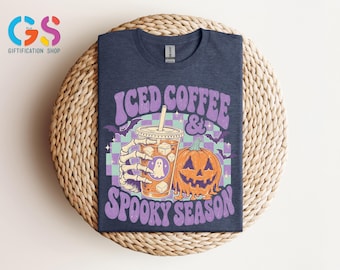 Iced Coffee Spooky Season Tshirt, Retro Checkered Pumpkin Sweatshirt, Skeleton Hand, Halloween Ghost Tee