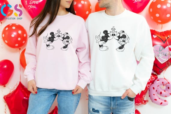 Disney Mickey Minnie Matching Sweatshirt, Kissing Couple Valentine Day Sweater, Anniversary Love Hoodie