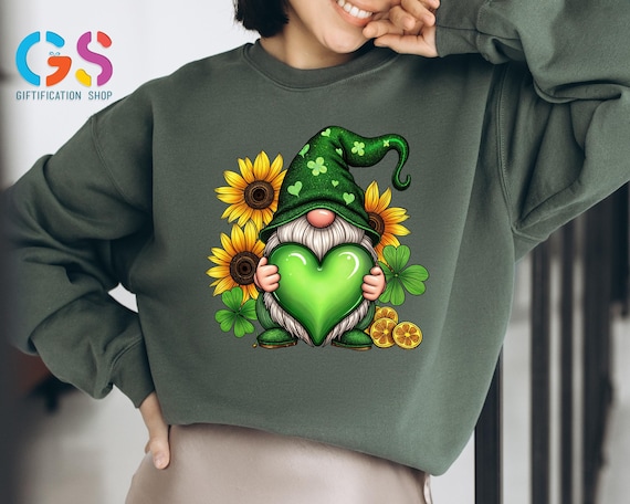 Green Gnome Heart Sweatshirt, Shamrock Sweater, Religious Git For Saint Patricks Day, Lucky Clothing