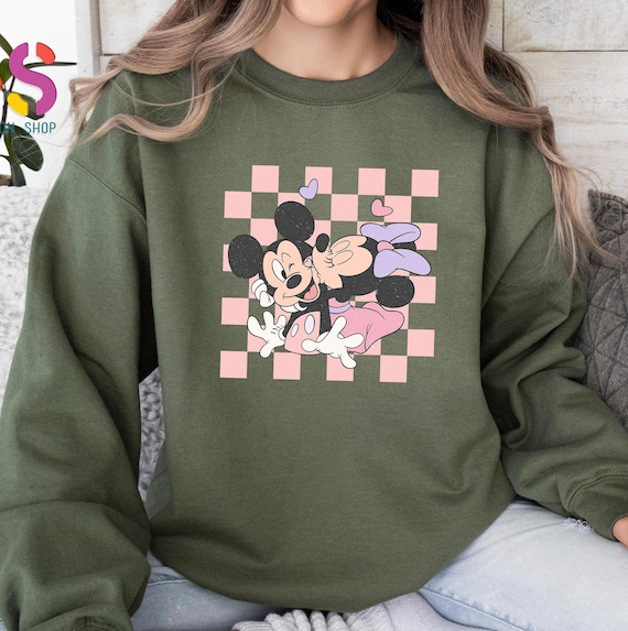 Mickey and Minnie Kissing Sweater, Pink Checkered Valentines Day Sweatshirt, Valentines Day Gift For Girlfriend, Cute Gift for Wife
