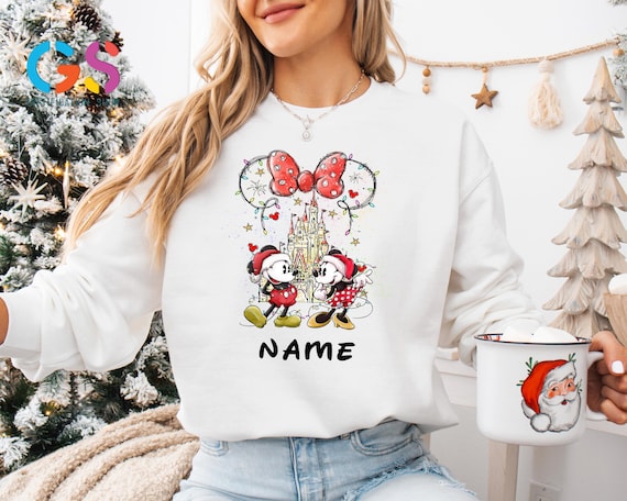 Custom Name Minnie and Mickey Mouse Sweatshirt, Christmas Disney Castle Holiday Hoodie, Xmas Gift
