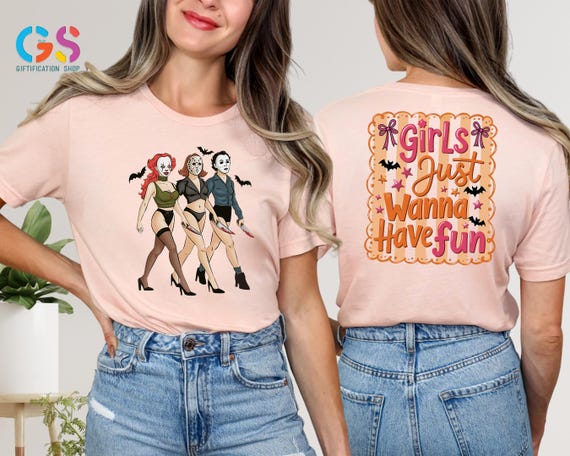 Girls Just Wanna Have Fun Tshirt, Girl Halloween Shirt, Halloween Gift for Girls, Horror Girls Shirt, Girly Coquette Bow Tee, Spooky Season