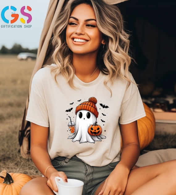 Cute Ghost and Pumpkin T-Shirt, Pumpkin Spice Latte Shirt, Ice Coffee Shirt For Halloween, Funny Ghost Shirt, Halloween Gift For Her