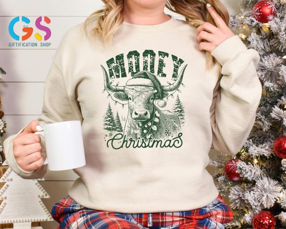 Mooey Christmas Sweatshirt, Retro Western Cowgirl Sweatshirt, Christmas  Western Cow Shirt, Cute Heifer Sweatshirt, Happy Moo Year Shirt