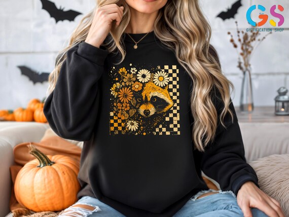 Funny Fall Raccoon Sweatshirt, Halloween Checkered Raccoon Sweatshirt, Autumn Feral Sweater, Floral Fall Season Hoodie, Fall Gift for Her