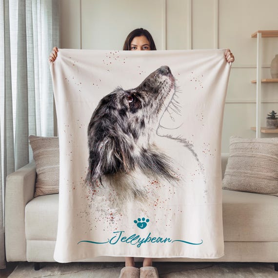 Custom Pet Photo Blanket with Name, Personalized Dog Portrait Minky Blanket, Cat Memorial Gift