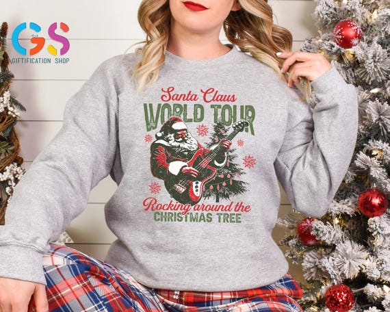Santa Claus World Tour Sweatshirt, Retro Christmas Concert Hoodie, Rocking Around the Xmas Tree Band Sweater