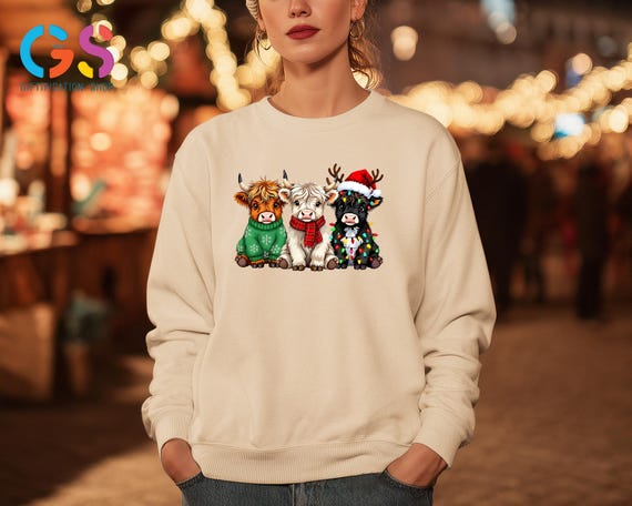 Christmas Cow Sweatshirt, Highland Cows Sweater, Farm Lover Gift, Animal Hoodie, Merry Xmas Vibe Clothing