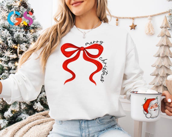 Merry Christmas Red Coquette Bow Sweatshirt, Preppy Merry Christmas Sweater, Christmas Vibes Hoodie, Christmas Gift for Family