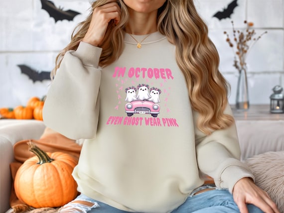Halloween Breast Cancer Awareness Sweatshirt, In October Even Ghost Wear Pink, Breast Cancer Ghost Sweater, October Awareness Sweatshirt