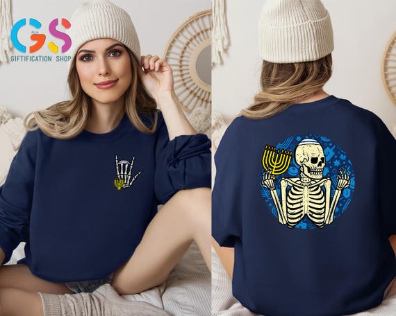 Skeleton Hanukkah Sweatshirt, Menorah Music Lover Chanukah Sweater, Happy Jewish Family Dinner Apparel