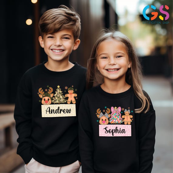 Custom Name Kids Christmas Sweatshirt, Personalized Christmas Sweater for Boys and Girl, Reindeer Kids Sweatshirt, Xmas Tree Cake Sweater