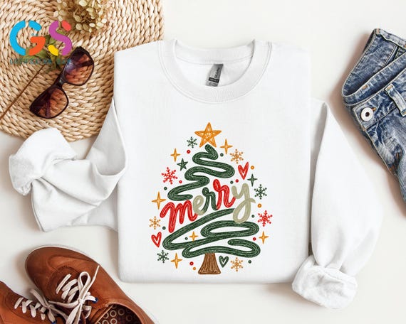 Retro Merry Christmas Sweatshirt, Christmas Tree Shirt, Xmas Holiday Gift, Festive Winter