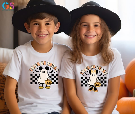 Trick or Treat Shirt, Checkered Mickey and Minnie Shirt For Halloween, Ghost Mickey Shirt, Ghost Minnie Shirt, Halloween Gift For Kids