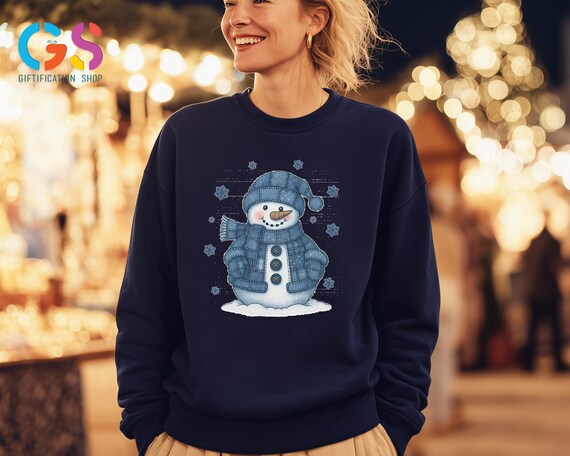 Denim Snowman Sweatshirt, Pieced Fabric Sweater, Winter Blue Snowflake Apparel, Cozy Denim Xmas Holiday Hoodie