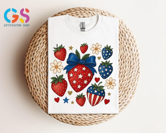 Patriotic Strawberry Shirt, Cute 4th of July Strawberries Shirt, Fourth of July Shirt, Strawberry Flags Shirt, USA Summer Tee, America Shirt