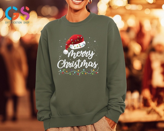 Merry Christmas Sweatshirt With Santa Hat, Holiday Season Gift, Woman New Year Sweater, Xmas Lights Clothing