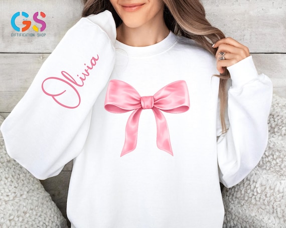 Custom Name Pink Bow Christian Love Sweatshirt, Valentines Day Sweater, Personalized Religious Gift