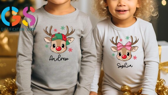 Custom Name Kid Reindeer Christmas Sweatshirt, Holiday Matching Boy & Girl Sweater, Xmas Toddler Winter Clothing