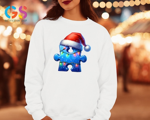 Autism Sweatshirt With Santa Hat, Christmas Light Sweater, Speech Language Awareness Hoodie, Puzzle Piece Clothes