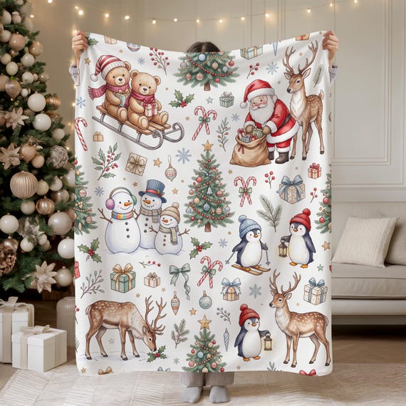 Christmas Blanket, Watercolor Santa Reindeer Snowman Penguin Throw, Cozy Holiday Winter Home Decor