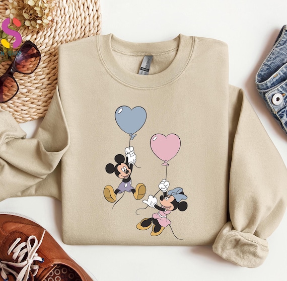 Mickey and Minnie Heart Balloons Sweater, Cute Mickey Minnie Sweatshirt, Lovely Valentines Day Hoodie, Valentines Day Gifts For Her