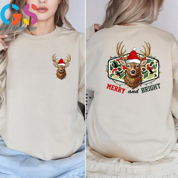 Merry And Bright Christmas Reindeer Sweatshirt, Funny Xmas Light Gift, Animal Hoodie, New Year Santa Clothing